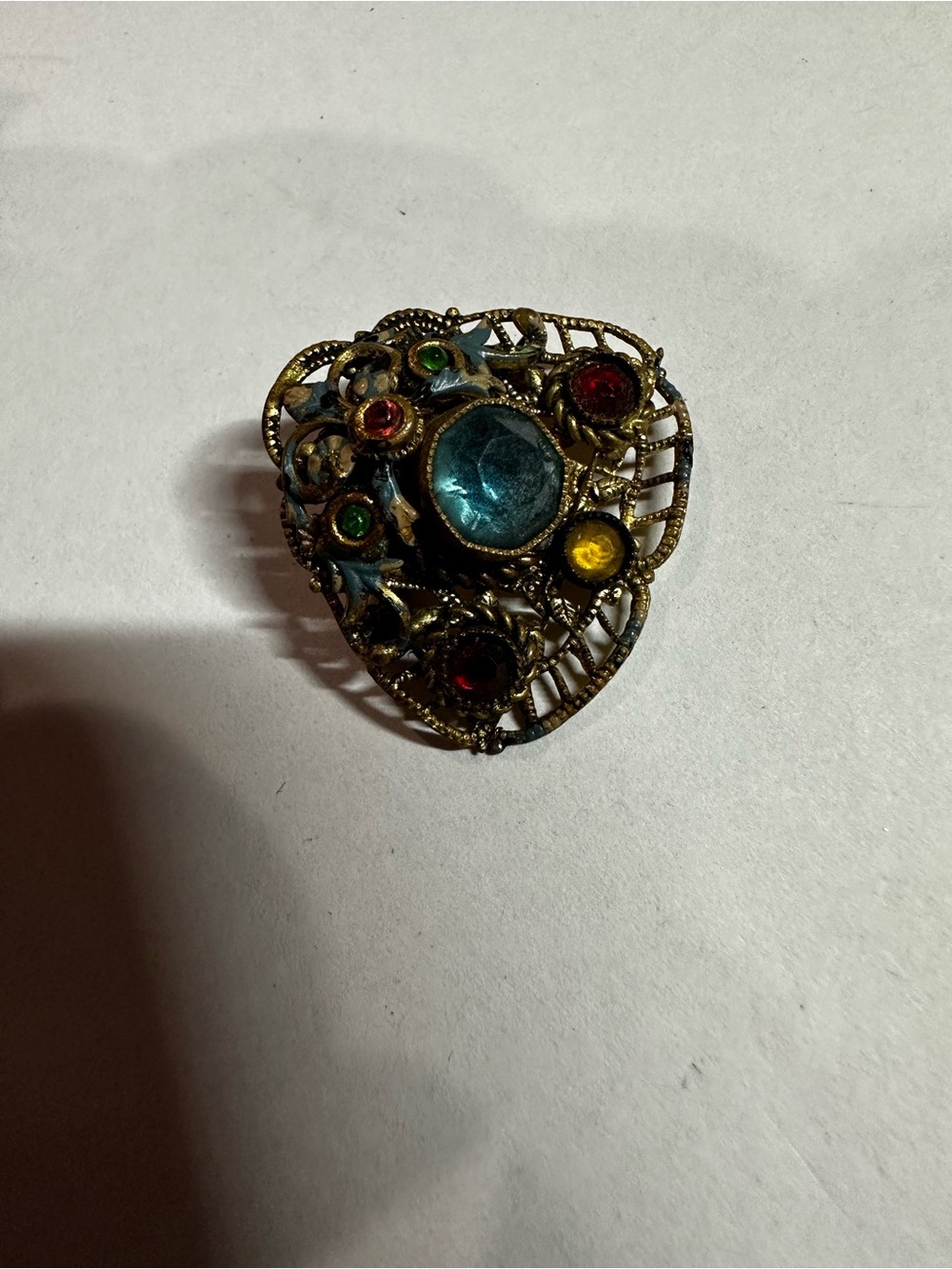 Antique 1920s CZECHOSLOVAKIA Brass Filigree Multi Color Rhinestone Pin Brooch